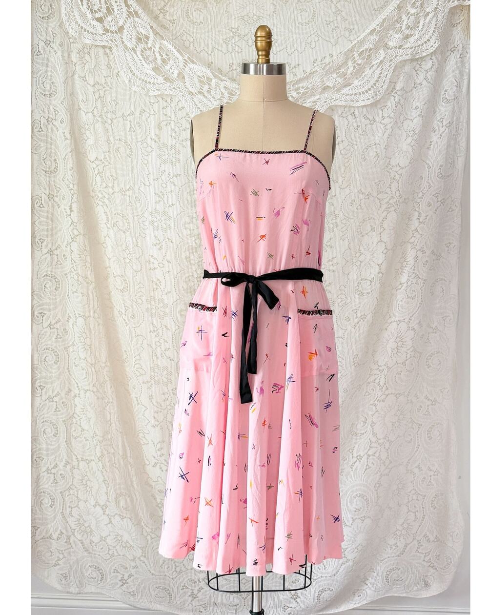 Vintage 1980s Jack Mulqueen Pink Silk Abstract Print Dress size 6